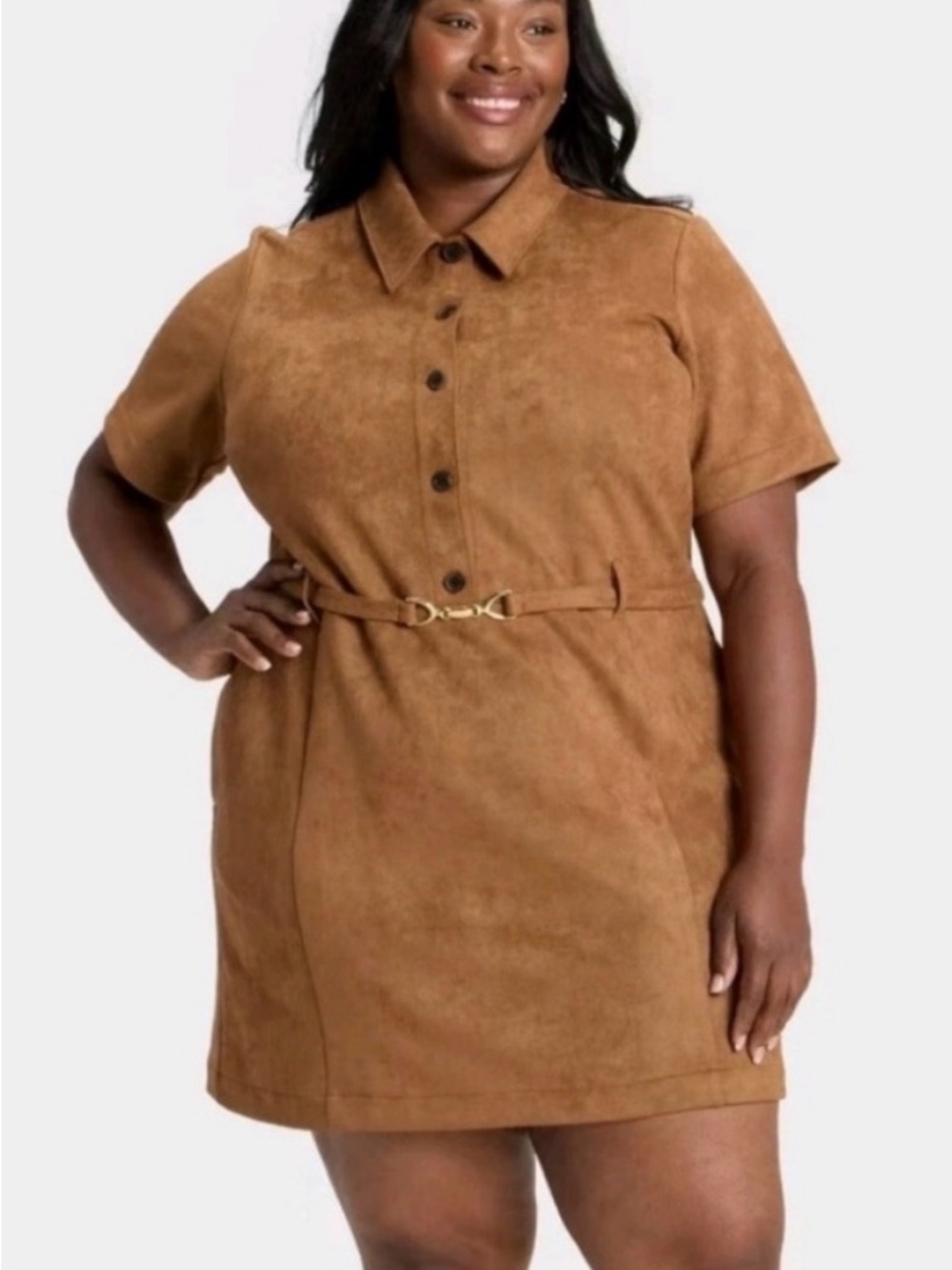 Ava & Viv Cognac Brushed Suede Short Sleeve Shirt Dress with Belt